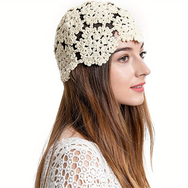 Vintage Lace Crochet Beanie Hat for Women