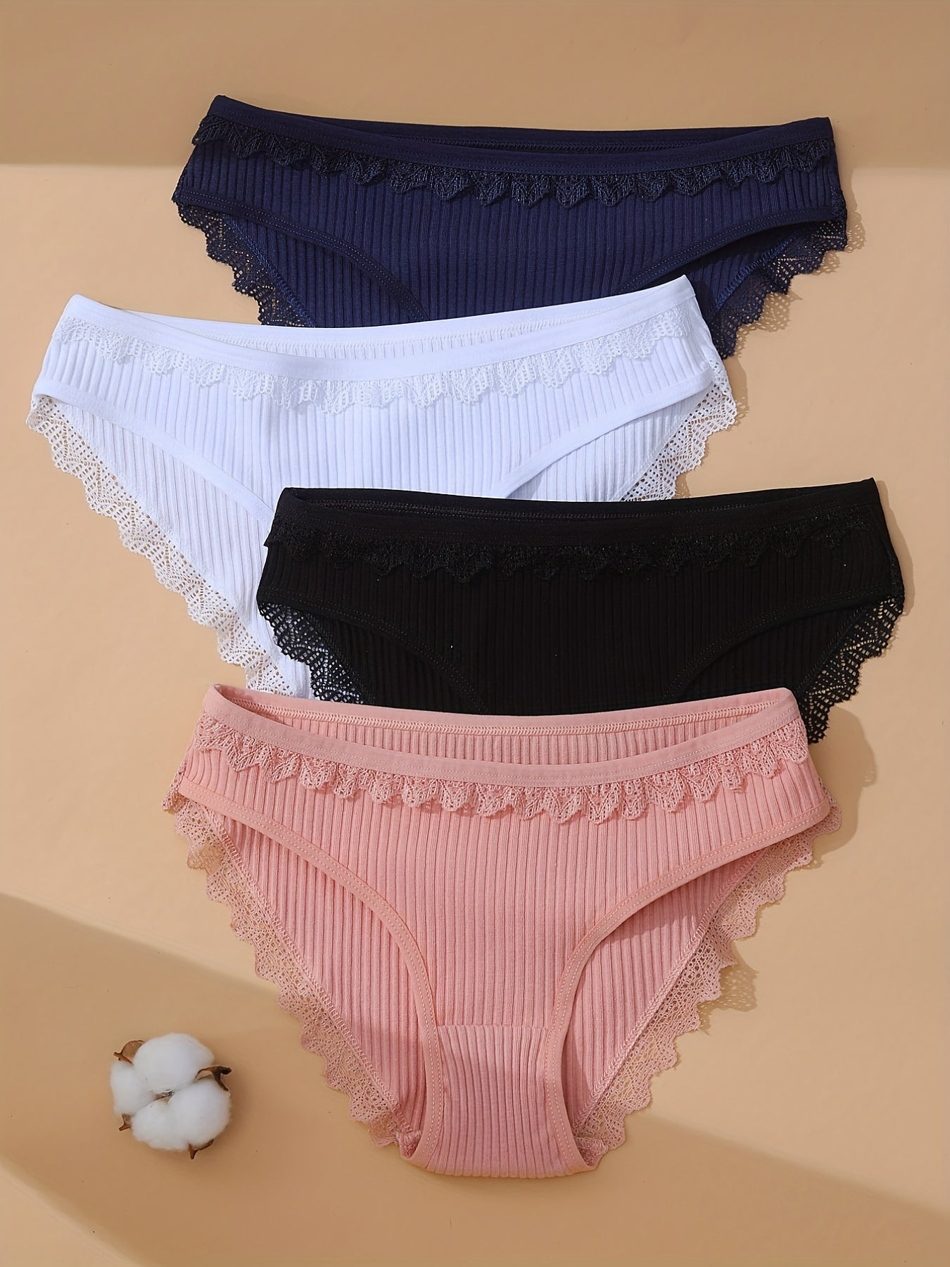 4pcs Womens Seamless Panties Lace Trim Cotton Briefs