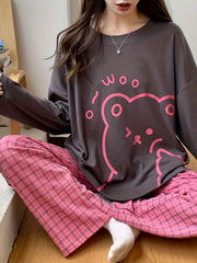 Bear Print Pajama Set Long Sleeve Top & Plaid Pants