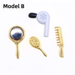 Alloy Dollhouse Hairdressing Set with Comb, Mirror, Dryer & Brush