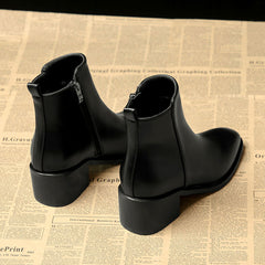 Women's Square Toe Low Heel Ankle Boots Side Zipper Block Heel Shoes
