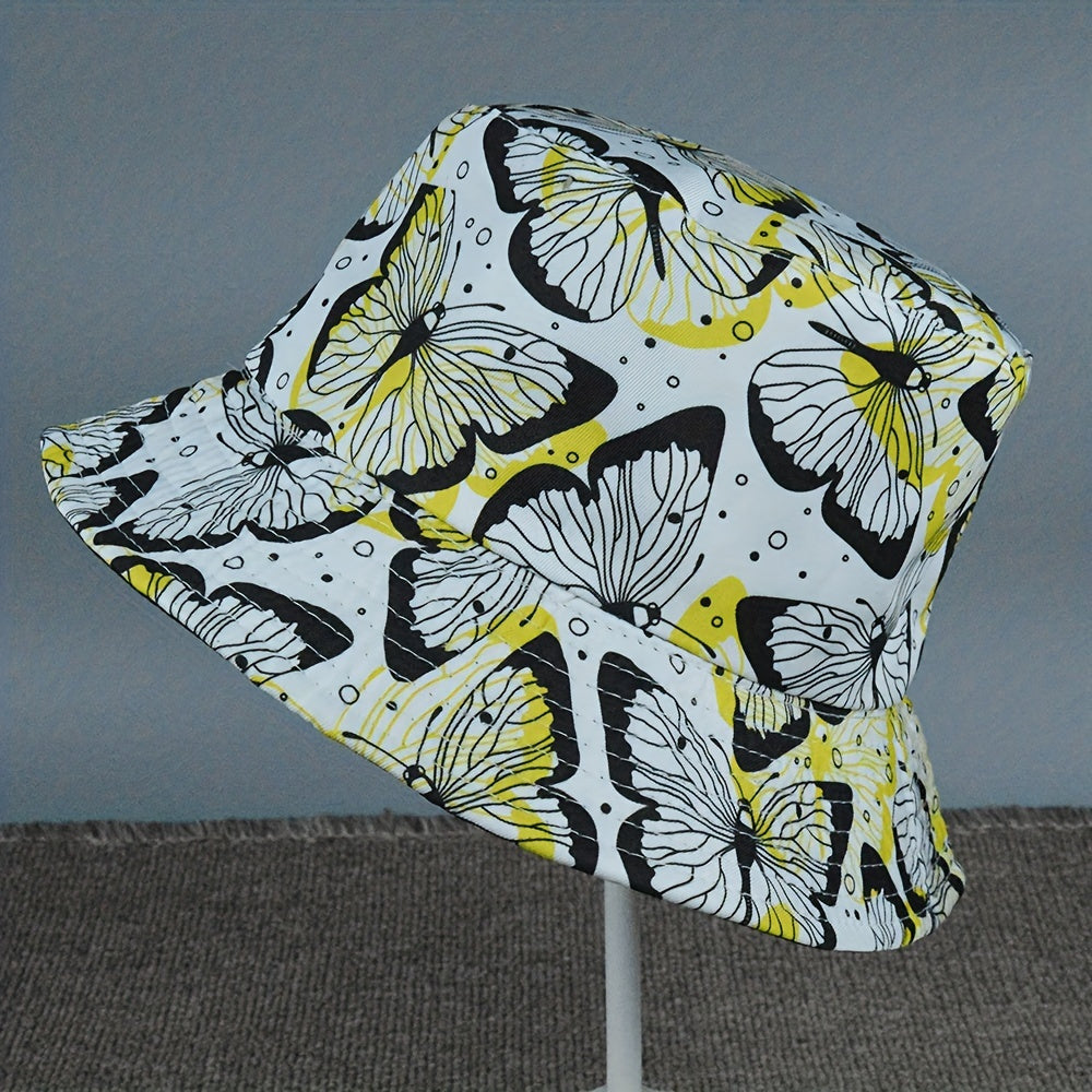 Yellow Butterfly Print Bucket Hat Reversible Wear Foldable Sun Protection