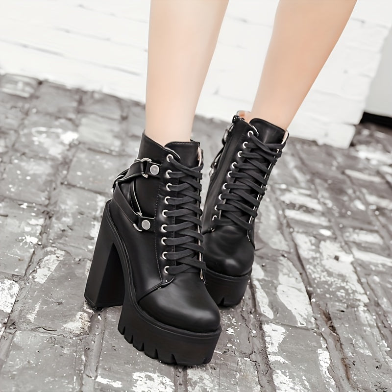 Women's Goth Chunky High Heeled Boots Lace Up Side Zipper Ankle Boots