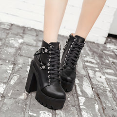 Women's Goth Chunky High Heeled Boots Lace Up Side Zipper Ankle Boots