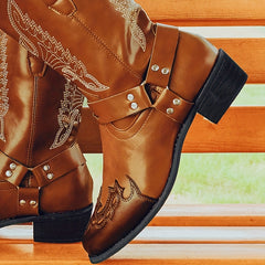 Women's Retro Embroidered Western Boots V cut Slip On Chunky Shoes