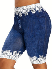 Casual Shorts Women's Plus Floral & Denim Print Shorts