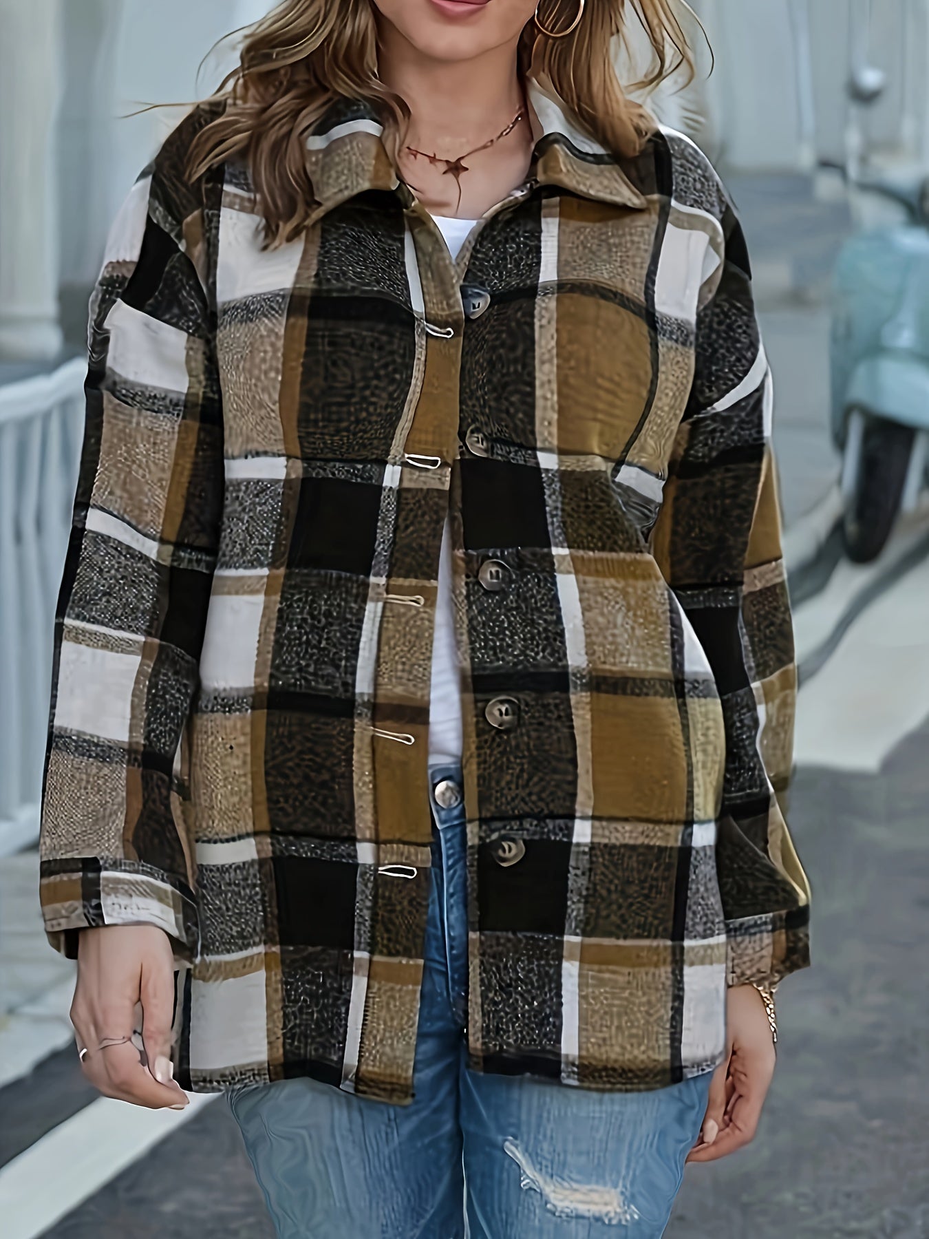 Plaid Print Button Up Long Sleeve Turn Down Collar Shacket