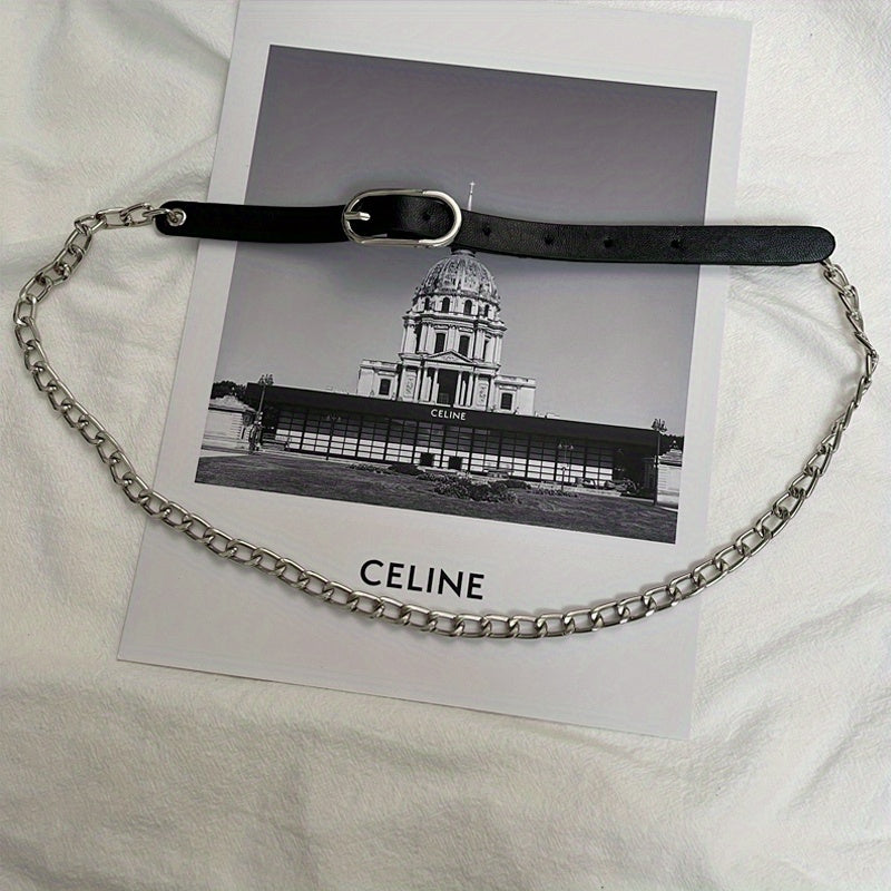 Stylish Oval Buckle Chain Belt PU Leather Thin Belt for Women