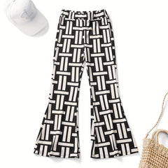 Girls Ribbed Geometric Flare Leg Pants Elastic Waist Casual