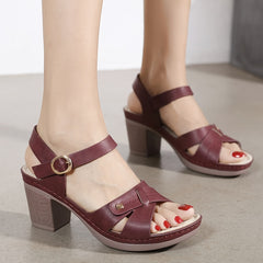 Faux Leather Ankle Straps Open Toe Sandals with Buckle Heel