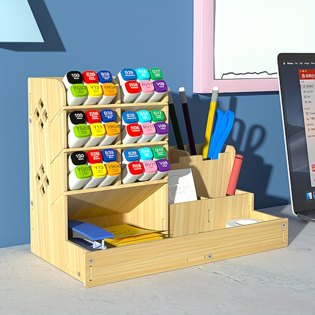 Desktop Wood Bookshelf File Organizer DIY Pen Holder