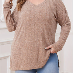 Solid Long Sleeve V Neck Ribbed Knit Top