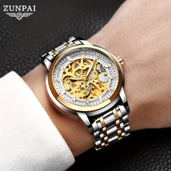 ZUNPAI Business Skeleton Wristwatch Stainless Steel Waterproof Men's Watch