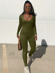 Solid Crew Neck Long Sleeve Bodycon Jumpsuit Women's Clothing