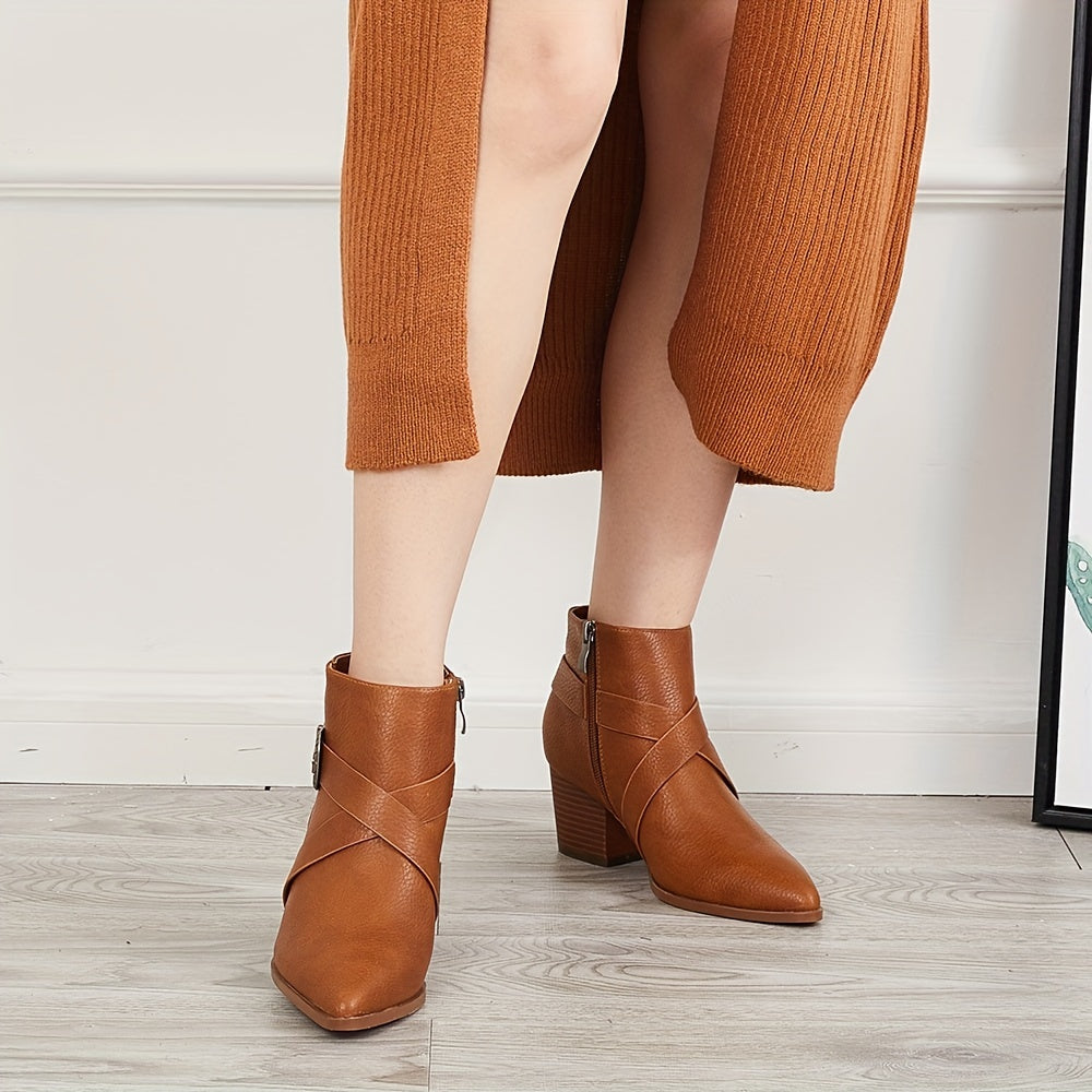 Women's Pointed Toe Ankle Boots Cross Buckle Strap Side Zip Short Boots