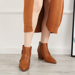 Women's Pointed Toe Ankle Boots Cross Buckle Strap Side Zip Short Boots