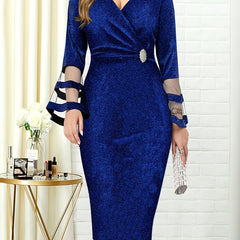 Solid V Neck Long Sleeve Dress