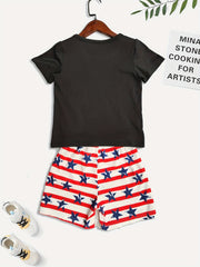 Boys 2pcs T shirt & Shorts Set ALL AMERICAN BOY Stripe Star Crew Neck Tee