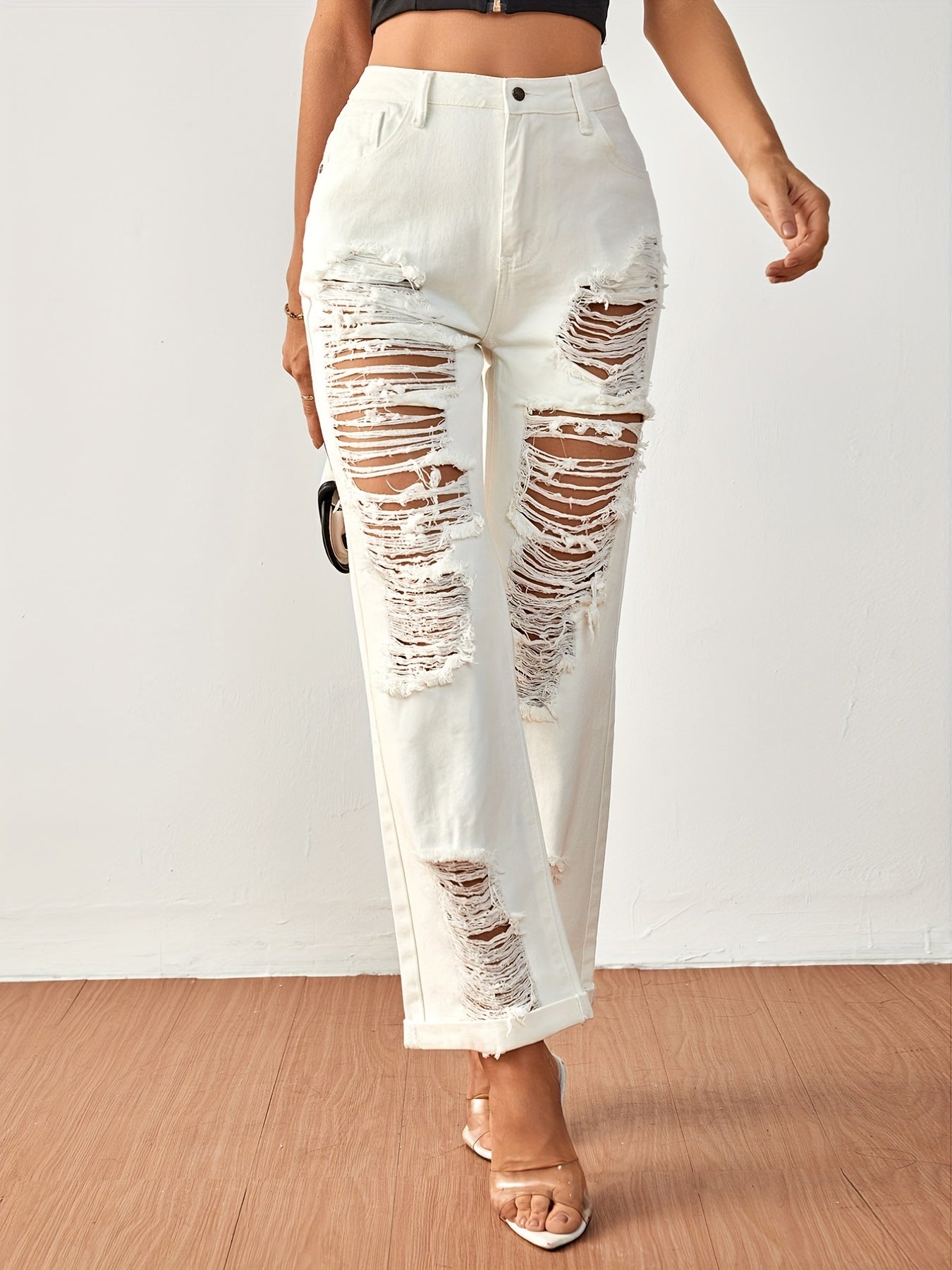 Loose Fit Distressed Non Stretch Denim Pants