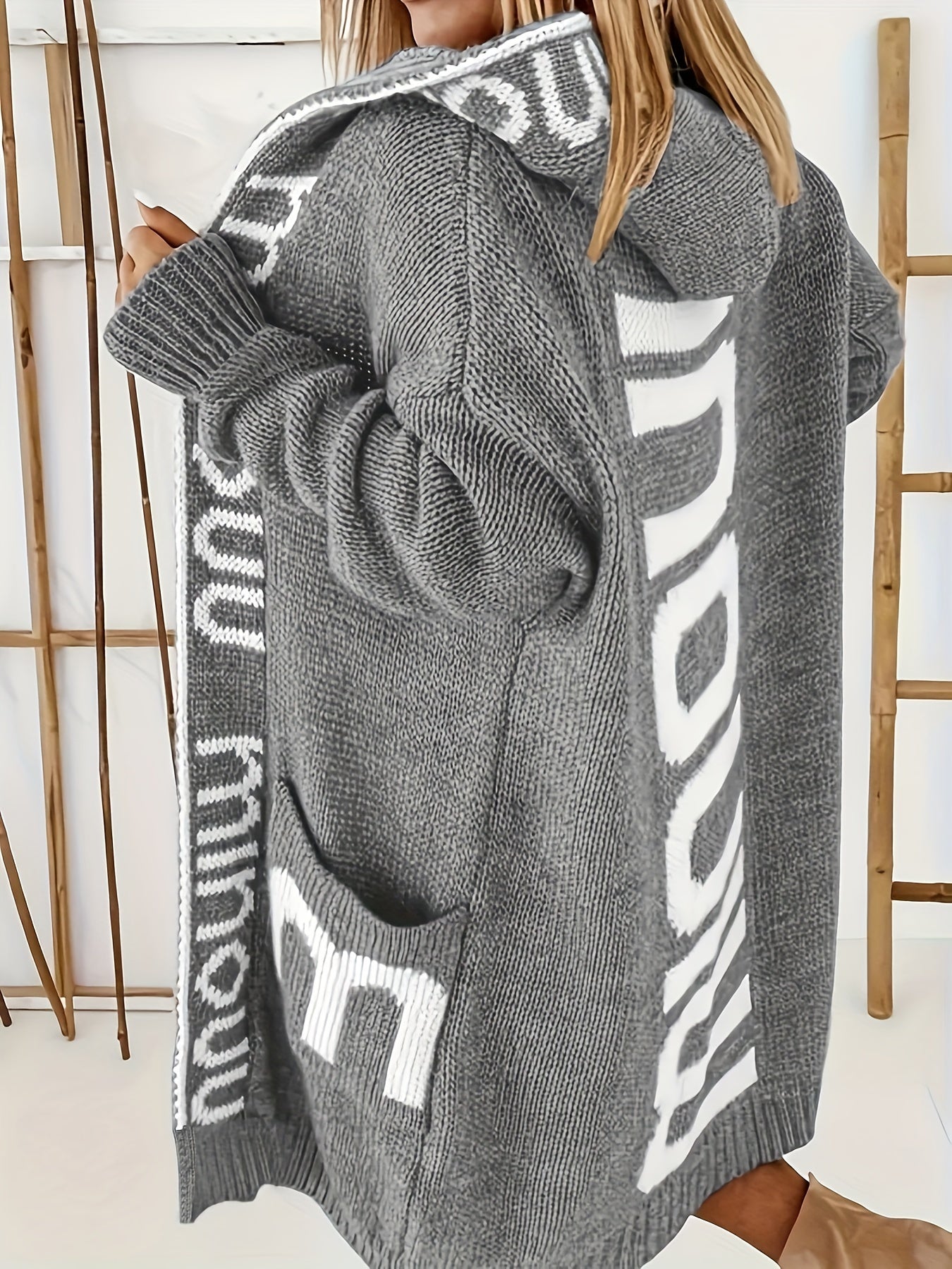 Letter Print Open Front Hooded Cardigan