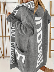 Letter Print Open Front Hooded Cardigan