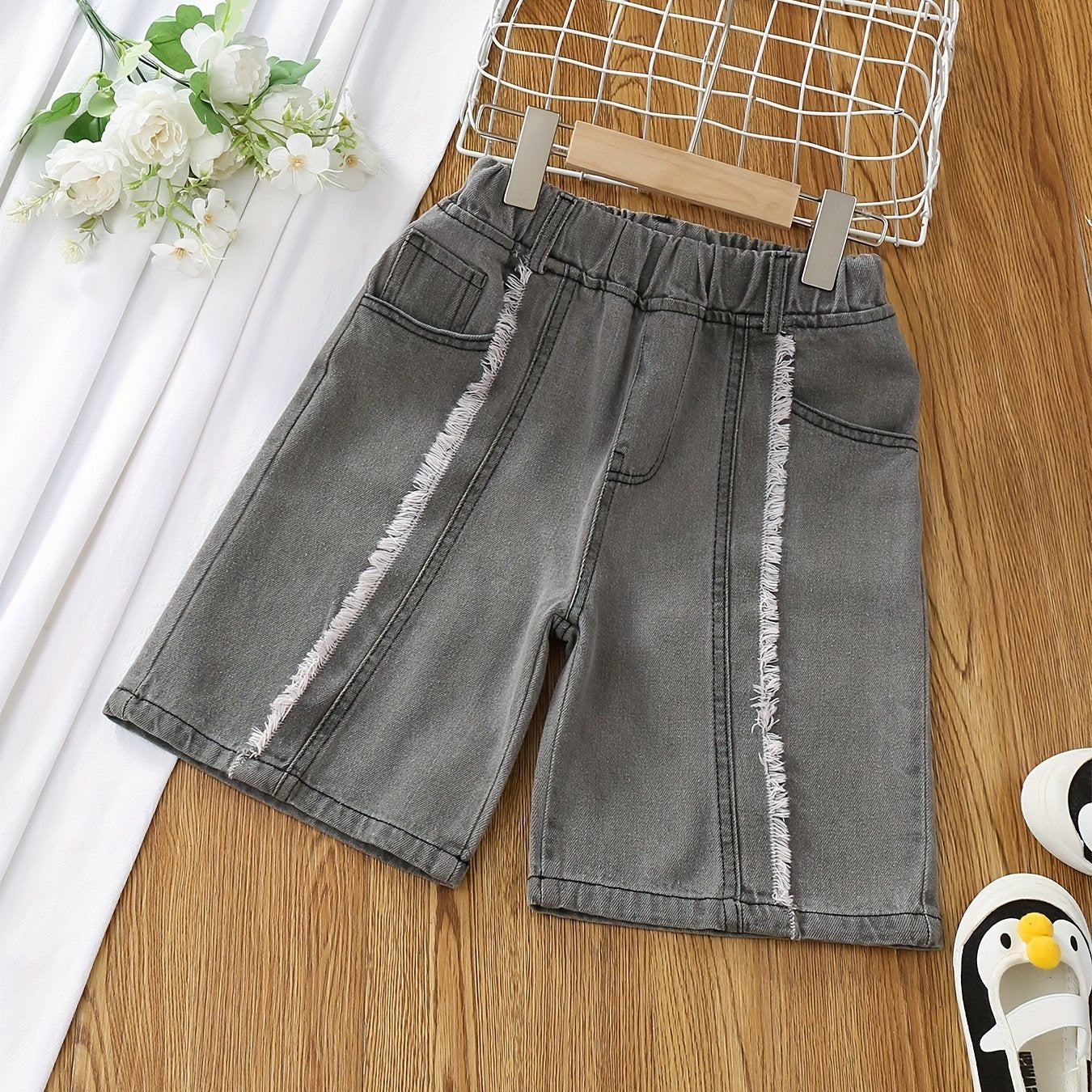 Girls Denim Shorts Elastic Waist Casual Loose Raw Trim Summer Clothes