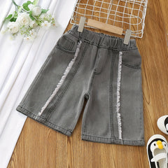 Girls Denim Shorts Elastic Waist Casual Loose Raw Trim Summer Clothes