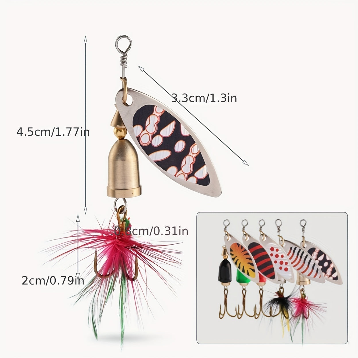 5pcs Sequin Spinner Fishing Lure Feathered Hard Bait Treble Hook