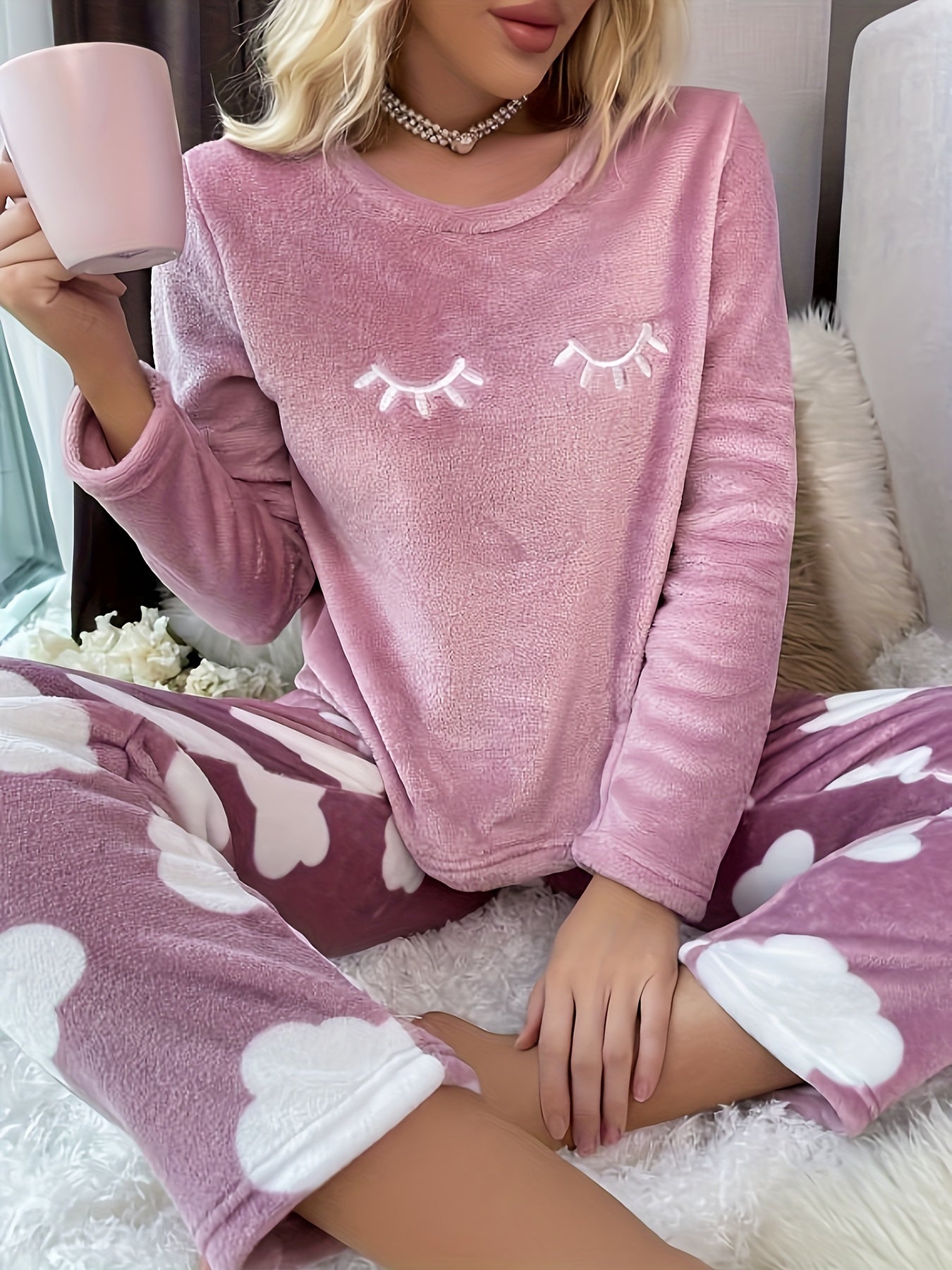 Eyelash & Cloud Print Pajamas Set Long Sleeve Top & Pants Women's Sleepwear