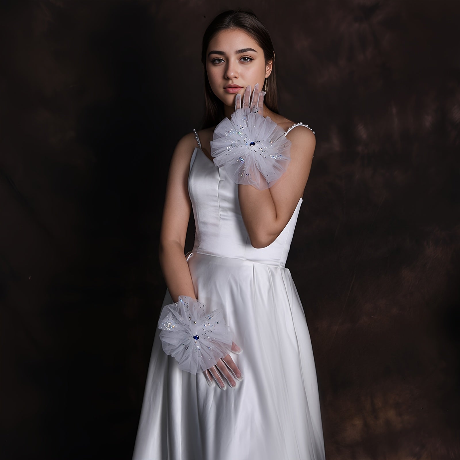 Short Fingerless Floral Bridal Gloves with Mesh Flower & Gemstones