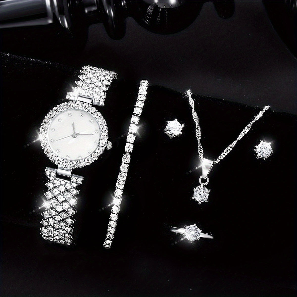 Kids Rhinestone Round Quartz Watch & 5pc Jewelry Set