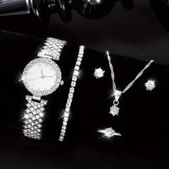 Kids Rhinestone Round Quartz Watch & 5pc Jewelry Set