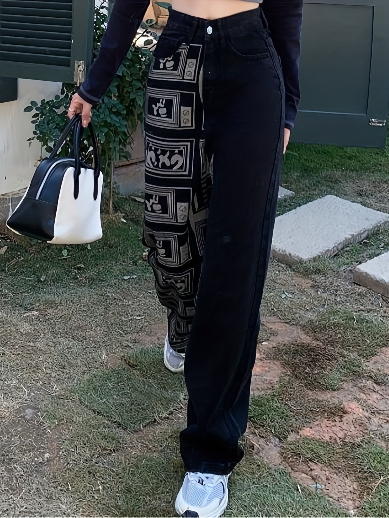 Geometric Print Patchwork Denim High Rise Jeans