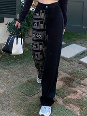 Geometric Print Patchwork Denim High Rise Jeans