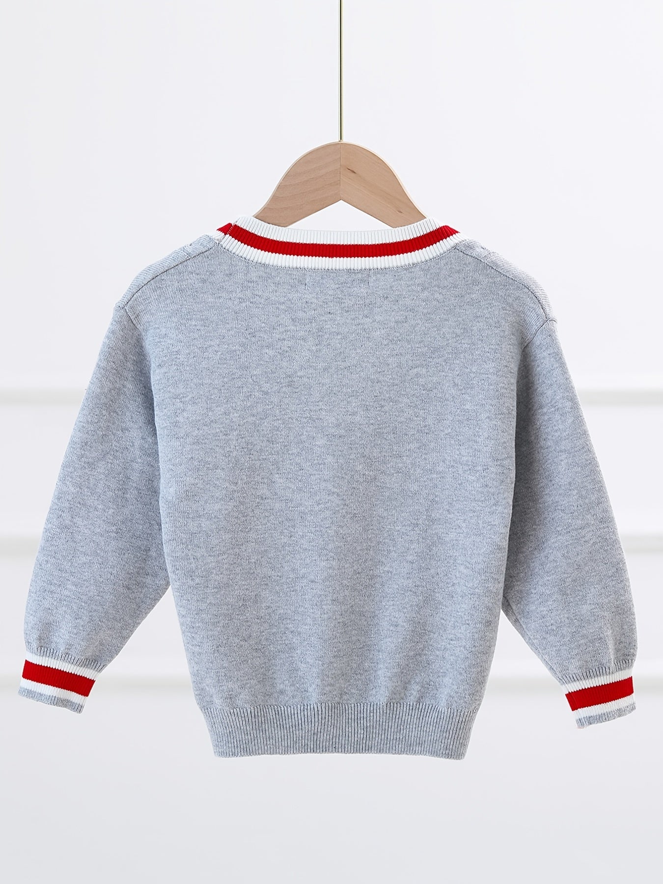 Boys Bear Embroidered Cardigan Sweater Long Sleeve Crew Neck Tops