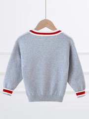 Boys Bear Embroidered Cardigan Sweater Long Sleeve Crew Neck Tops