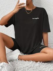 Letter Print Matching Two piece Set Casual Short Sleeve T shirt & Biker Shorts