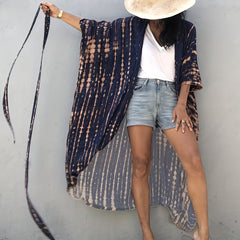 Striped Print Loose Fit Cover Up Shirt Long Sleeve Rash Guard V Neck