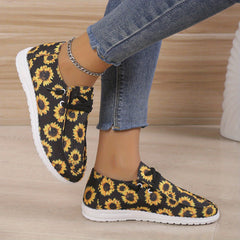 Women's Sun Flower Print Sneakers Low Top Lace Up Round Toe Casual Shoes