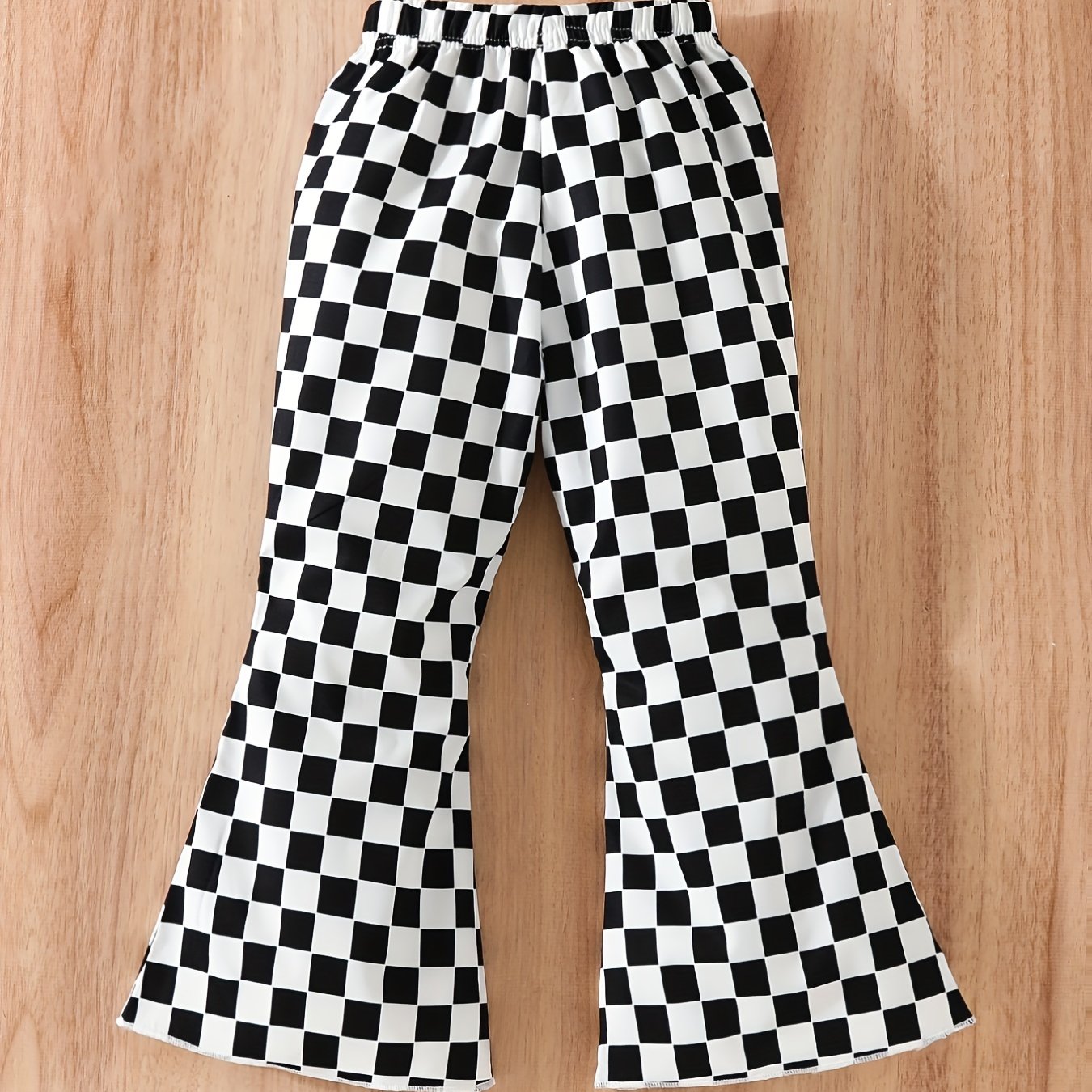 Girls Plaid Print Flare Leg Pants Elastic Waist Trousers