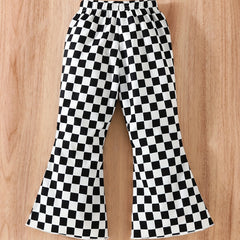 Girls Plaid Print Flare Leg Pants Elastic Waist Trousers