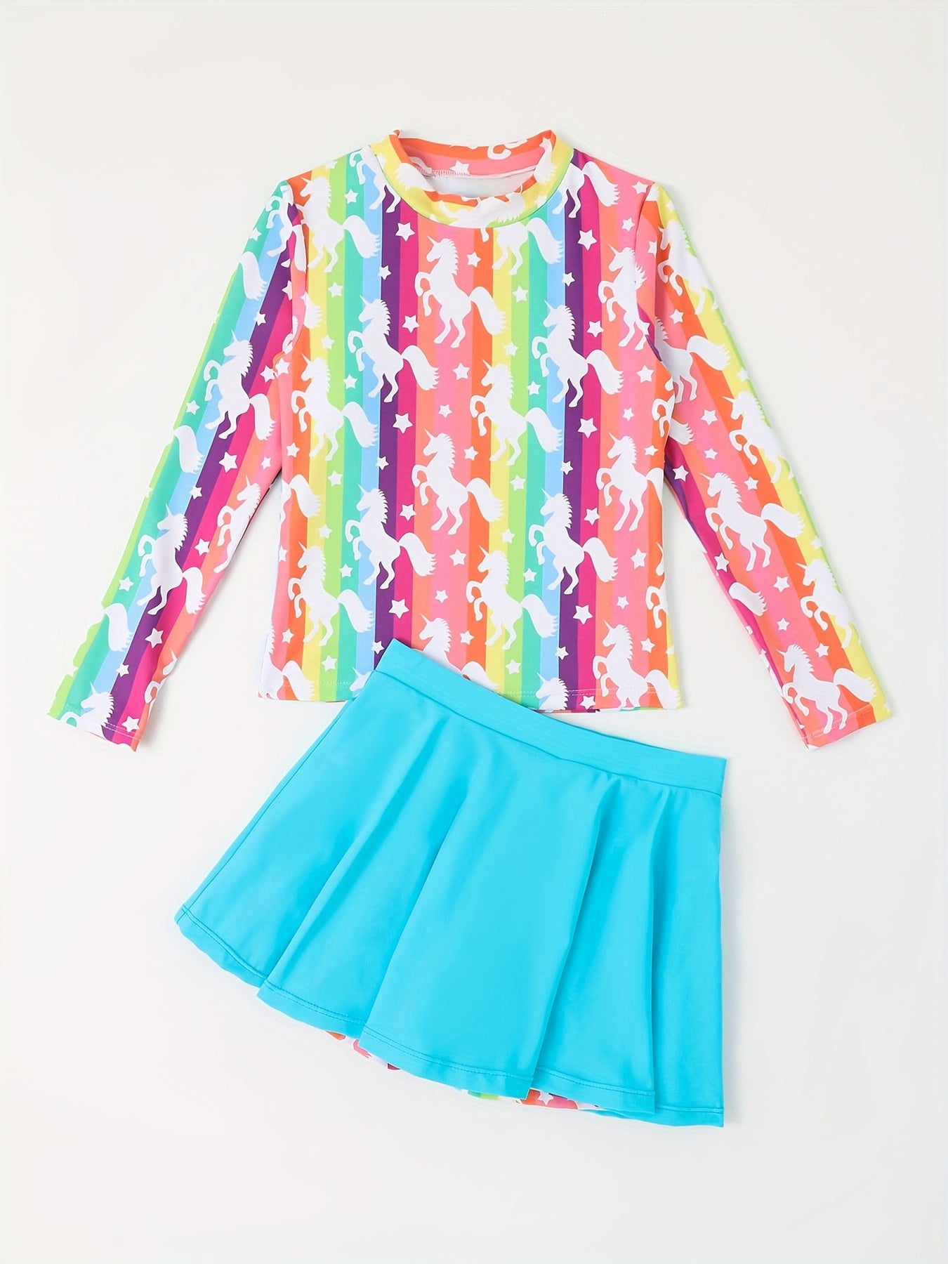 Girls Rainbow Stripped Long Sleeve Top Skirt Bathing Suit Set Swimwear