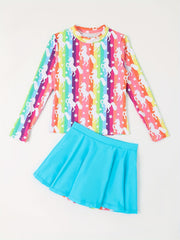 Girls Rainbow Stripped Long Sleeve Top Skirt Bathing Suit Set Swimwear