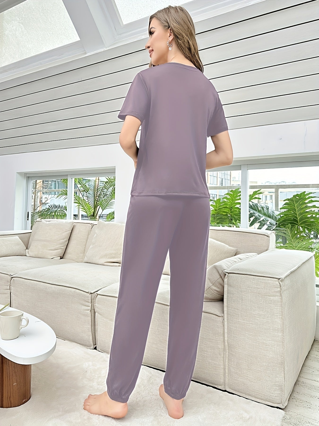 Letter Print Pajama Set Short Sleeve Top & Pants Women's Sleepwear