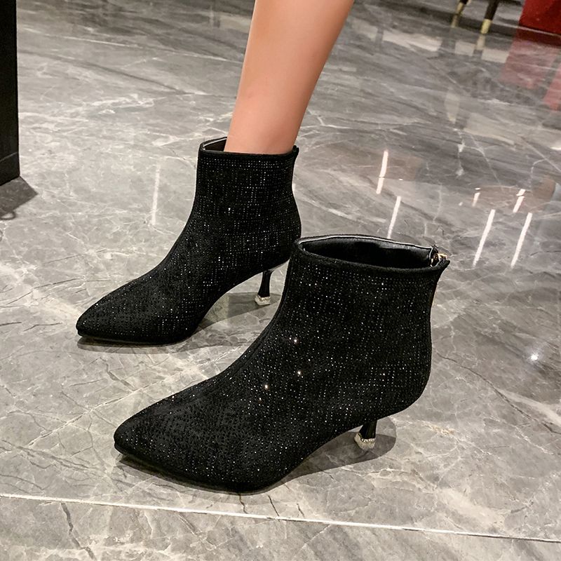 Rhinestone Decor Kitten Heel Point Toe Ankle Boots Women's Footwear