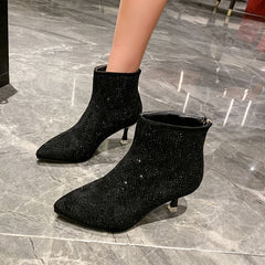 Rhinestone Decor Kitten Heel Point Toe Ankle Boots Women's Footwear