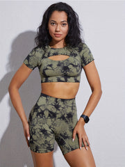 Tie Dye Sports Set Round Neck Running Sports Shorts Sleeves & Shorts Suit Women