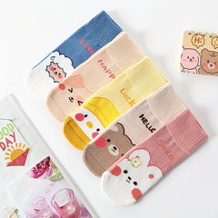 5 Pairs Kids Cartoon Animal Pattern Socks, Breathable Crew Socks for All Seasons