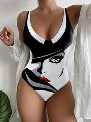 Face Portrait Print Scoop Neck One Piece Swimsuit