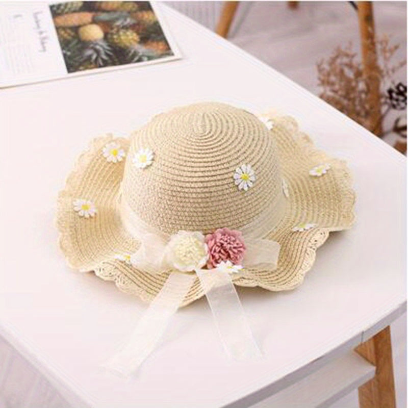 Child's Straw Hat Summer Sunshade Big Brim Straw Hat Bag Two Piece Outing